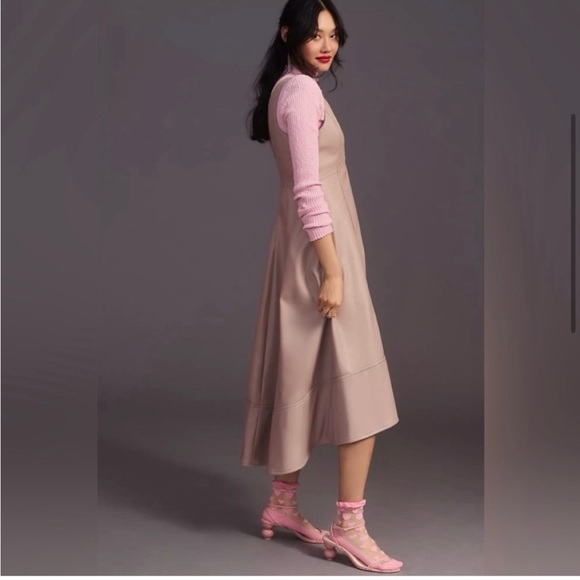 Maeve Beige V-Neck Faux Leather Midi Dress - Picture 2 of 8